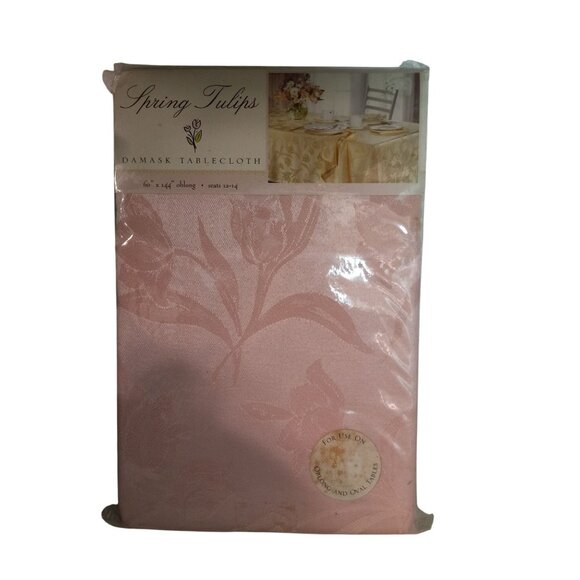 Spring Tulips Damask Tablecloth 60 X 144 Oblong Light Pink Polyester Vintage NEW - Picture 1 of 9